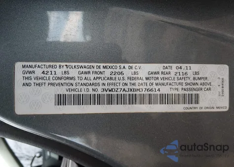 2011 Volkswagen Jetta 2.5L Se из США, поврежденный, VIN 3VWDZ7AJXBM376614